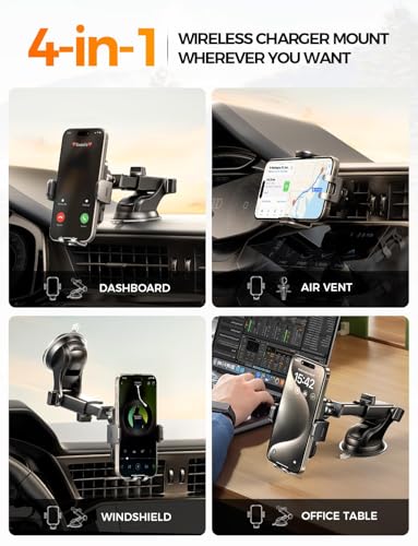 Wireless Car Charger Phone Holder Mount, 15W Fast Charging Auto Clamping Phone Holders for Your Car Dashboard Windshield Air Vent Car Accessories for iPhone, Samsung Galaxy, Google Pixel etc