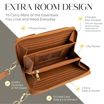 BULL GUARD Crossbody Bag for Women, Leather Phone Wallet Purse with Adjustable Anti Theft Strap & RFID Blocking 12 Card Slots - color: Xtraroom in Rich Mocha Brown