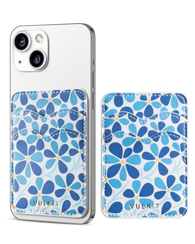 VULKIT Stick on Card Holder Compatible for iphone Leather Cell Phone Wallet Credit Card Case Strong Sticker for Women - color: Blue Bloom