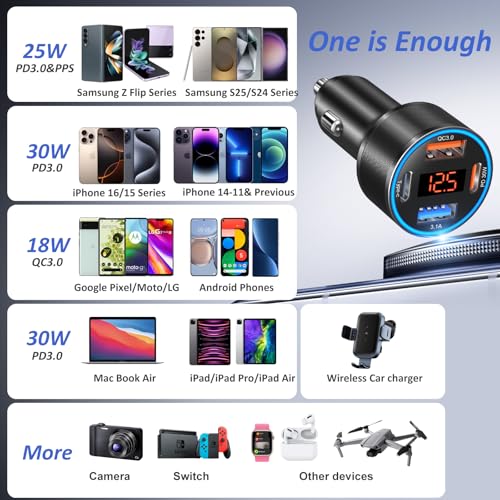 Car Charger USB C, 65W 4-Port Dual 12V USB-C & USB-A Car Phone Charger - color: Black, size: 2 Pack