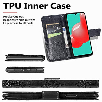 Wallet Case for Samsung Galaxy A03s with Card Holder Black | PU Leather Flip Phone Cover,Wrist Strap,Woman Man Purse,Emboss Butterfly Flower,Stand,Shockproof TPU Shell, Magnetic Closure - color: B Black
