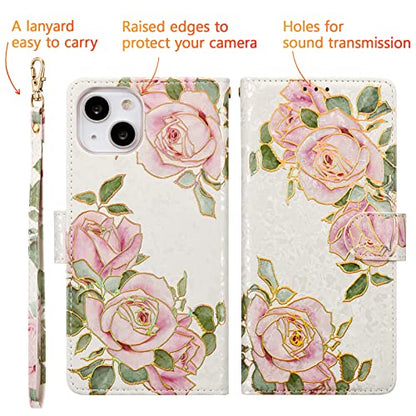 UEEBAI Wallet Case for iPhone 13, PU Leather Phone Cover Kickstand RFID Blocking Flip Case Card Slots Wrist Strap Relief Engraved Pattern Magnetic Closure Flower Folio Wallet, White Rose - color: White Rose, size: iPhone 13