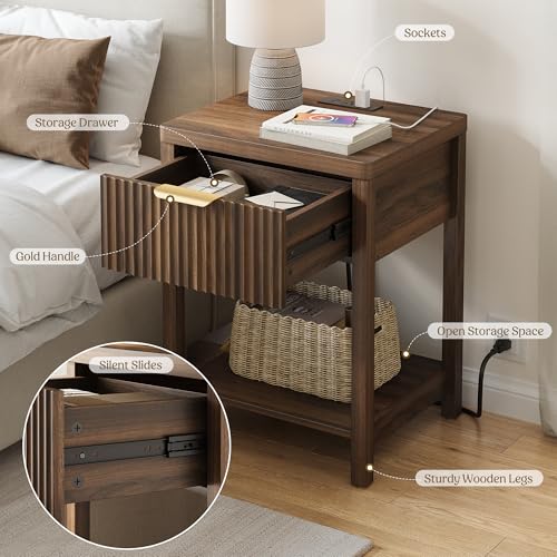 Night Stand Set 1, Fluted Wood Bedside Table w/Socket Station for Bedroom - color: Walnut, size: 1 Drawer-Set of 1 Nightstand