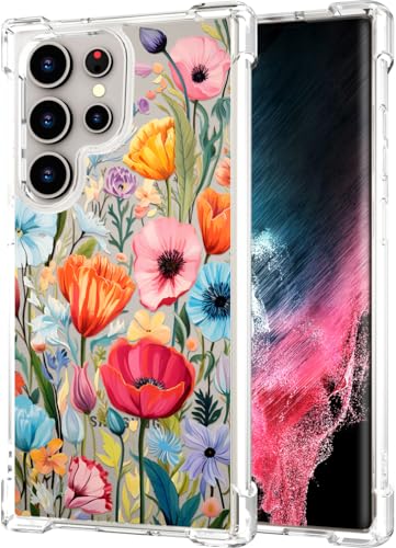 Hungo Galaxy S24 Ultra Case for Women Clear Design Cute,Girly Girls Case Compatible with Samsung Galaxy S24 Ultra Blooming Wild Spring Garden Flowers Grasses Florals Leaves - color: Blooming Wild Flowers