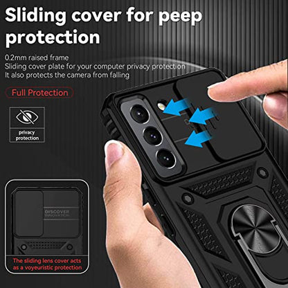 for Samsung Galaxy S22 Case with Camera Lens Cover HD Screen Protector, Dual Layer Military-Grade Drop Tested Magnetic Ring Holder Kickstand Protective Phone Case for Samsung Galaxy S22 5G (Black) - color: Black with camera cover Military-Grade 2nd gen