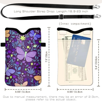Universal Phone Sleeve Pouch with Crossbody Strap 7.6 X 4.3 Inches Shockproof Water Resistant Mobile Protection Bag-Purple Butterfly Neoprene Phone Pouch Bag - color: Purple Butterfly-Phone Pouch