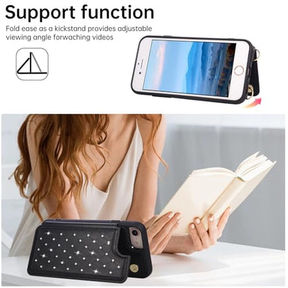 for iPhone 7/8/SE 2022/SE 2020 Wallet Case with Card Holder Slots and Strap, RFID Blocking Magnetic Flip Folio Cover, Crossbody Purse Protection Case with Kickstand,Black Diamond - color: Black Diamond, size: iPhone 7/8/SE 2022/SE 2020(6.6")