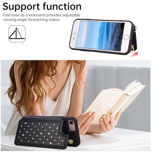 for iPhone 7/8/SE 2022/SE 2020 Wallet Case with Card Holder Slots and Strap, RFID Blocking Magnetic Flip Folio Cover, Crossbody Purse Protection Case with Kickstand,Black Diamond - color: Black Diamond, size: iPhone 7/8/SE 2022/SE 2020(6.6")