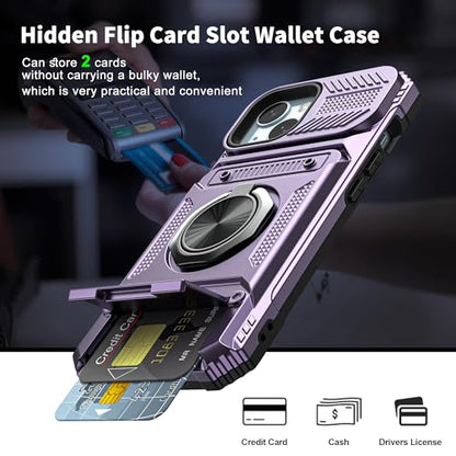 Vofolen for iPhone 15 Wallet Case with Card Holder [Store 2 Cards] Purple | 360°Magnetic Rotated Ring Stand Dual Layer Heavy Duty Shockproof Drop Protection Wallet Phone Case for iPhone 15-6.1'' Purple - color: Purple