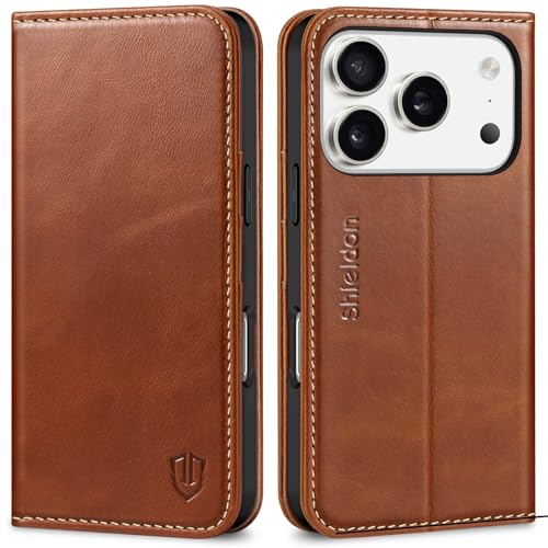 SHIELDON Genuine Leather Case Wallet for iPhone 17 Pro 6.3", Retro Brown | Flip Magnetic Cover, RFID Blocking, Credit Card Holder, Kickstand, Book Design, Shock-Absorbent Phone Cover - color: Retro Brown