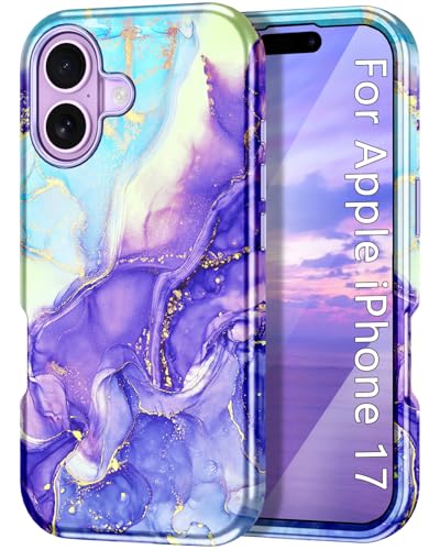 Btscase Compatible with iPhone 17 Case 6.3 Inch 2025,Marble Pattern 3 in 1 Heavy Duty Shockproof Full Body Rugged Hard PC+Soft Silicone Drop Protective Women Girl Phone Cases, Cobalt Violet - color: Cobalt Violet, size: iPhone 17