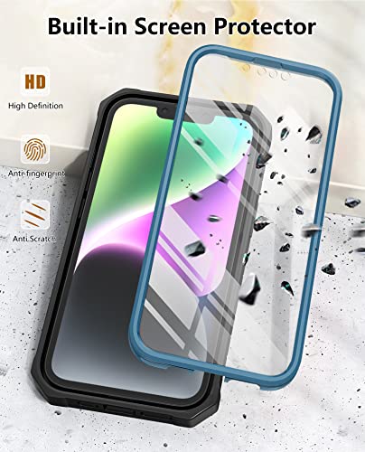 FNTCASE for iPhone 14 Plus Case, Built-in Screen Protector, Kickstand | 20FT Military-Grade Drop Protection, Anti-Slip Matte Textured, Rugged Heavy Duty Shockproof TPU Protective Cover - color: Blue