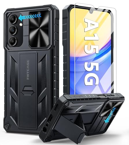 FNTCASE for Samsung Galaxy A15-5G Phone Case with Slide Camera Cover Black | Built in Kickstand, Military Grade Dropproof Protection, Heavy Duty Rugged Phonecase, Outdoor Protection - color: Black, size: For Galaxy A15 6.5 Inch