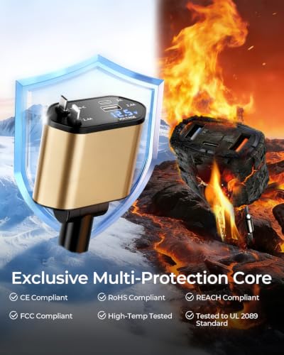 4 in 1 Retractable Car Charger, USB C Fast Charging Adapter, Gold - color: Gold