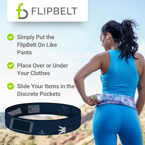FlipBelt Classic Running Belt, Phone Holder for Running, Money Belt Pouch - color: Midnight Blue, size: Small