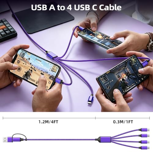 4 in 2 USB A/C to USB C Cable, USBC Multi Charging Cable [2 Pack, 5FT] - color: Purple