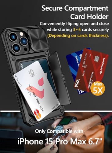 Vihibii for iPhone 15 Pro Max Case Wallet with Card Holder (4 Cards), Black | Slide Camera Cover, Kickstand, Military Grade Drop Protection, Rugged Hard Back, Silicone Edge Wallet Phone Case, 2023, Black - color: Black, size: iPhone 15 Pro Max