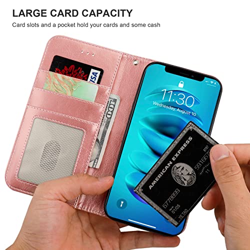 Bocasal Detachable Wallet Case Card Holder for iPhone 14 Pro Max Rose Gold | RFID Blocking Kickstand Card Slots Holder PU Leather Magnetic Shockproof Wrist Strap Removable Flip Protective Cover 6.7 inch - color: Rose Gold