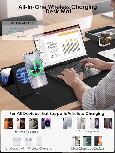 Wireless Charging Mouse Pad with Foldable Phone Holder, 15W Magnetic Fast Charging for iPhone Samsung, 31.5"x15.75" Large Desk Mat for Laptop/Keyboard, Waterproof Gaming Mousepad with Non-Slip Base - color: 31.5x15.75"phone Stand Magnetic No Rgb-black