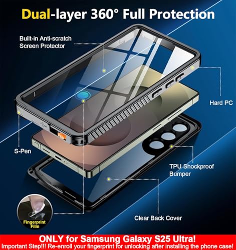 SPIDERCASE Only for Samsung Galaxy S25 Ultra Case Waterproof, Built-in Screen & Camera Lens Protector[IP68] [Military Grade Shockproof] Full Protection Only for S25 Ultra 6.9”, Black/Clear