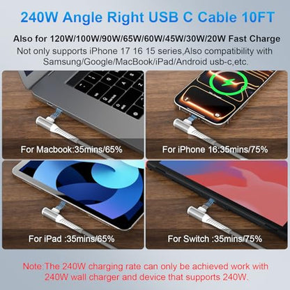 USB C Cable 10FT 240W Right Angle C to C Fast Charging Cable,White - color: White, size: 10 Feet