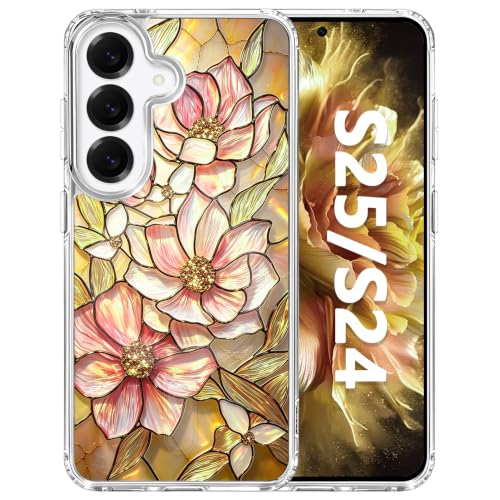 for Samsung Galaxy S24/S25 Magnetic Case【Compatible with MagSafe】 Aesthetic Vintage Stained Glass Bloom Flower Design, Slim Fit Hard PC Back Shockproof Clear Phone Cover, Amber Peony - color: Amber Peony, size: Galaxy S25/S24