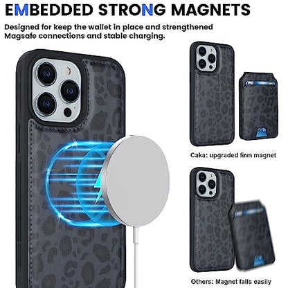 iCoverCase Wallet Case for iPhone 13 Pro Max/12 Pro Max Compatible with MagSafe, Magnetic Detachable Card Slots Holder PU Leather Kickstand Wireless Charging Case 6.7 Inch (Black Leopard) - color: Black Leopard