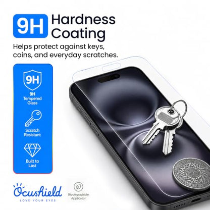 Ocushield Anti Blue Light Tempered Glass Screen Protector of iPhone 16 Plus (6.7")– Blocks Blue Light, Prevents Eye Strain & Helps You Sleep Better, 9H Hardness & Case Friendly - size: iPhone 16 Plus (6.7")