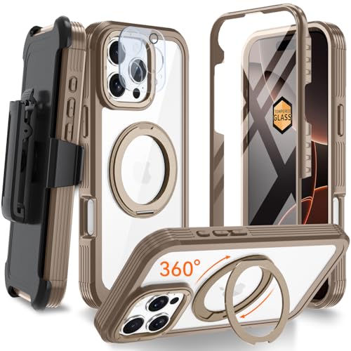 Upgraded 360° Spin Magnetic Invisible Ring Stand Case for iPhone 16 Pro Max 6.9",Compatible with MagSafe, Full Body Rugged Case with Built-in Screen Protector & Kickstand & Belt-Clip (Gold) - color: Gold