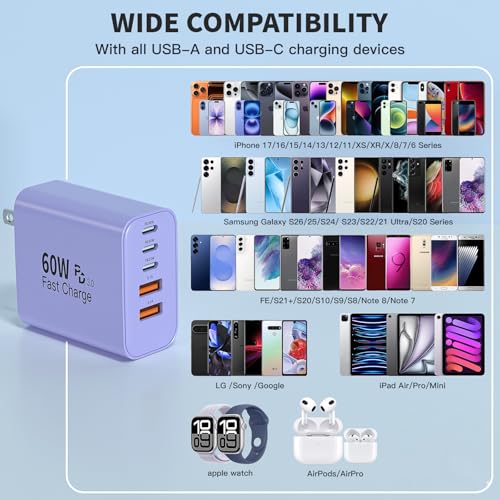 3Pack 60W USB C Fast Charging Block,Apple 60W 5Port USBC Wall Charger Block - color: Purple