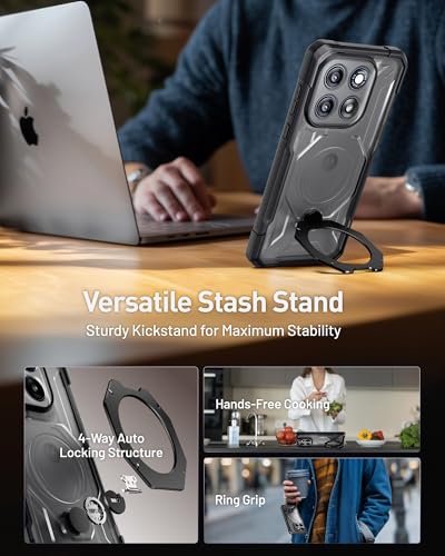 Poetic Rugged Case for Motorola Moto Edge 5G 2026, 360° Magnetic Ring Kickstand, Tempered Glass Screen Protector, Military Grade Shockproof, Wireless Charging Compatible Protective Cover, Black/Clear