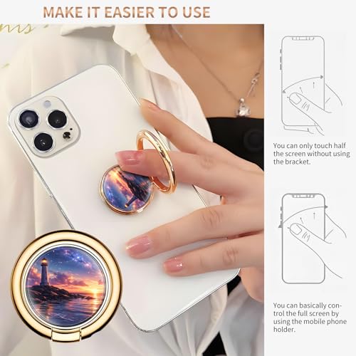 Cell Phone Ring Holder, Cute Metal Phone Grip Stand Finger Ring Kickstand, Flexible 360°Rotation Phone Tablet Case Accessories Compatible with Most Phones Lighthouse Ocean Sunset - color: Lighthouse Ocean Sunset