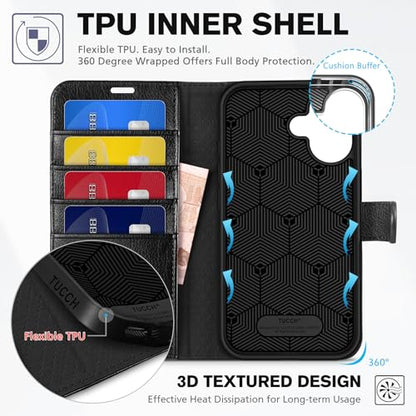 TUCCH Case Wallet for iPhone 16 (6.1"), RFID Blocking Folio, Textured Black | 4 Card Holders, Kickstand, PU Leather, Magnetic Closure, Shockproof TPU Shell, Protective Flip Cover - color: Textured Black
