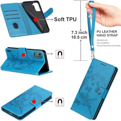 Wallet Case for Samsung Galaxy S23 FE, Blue Flower | Women Flip Folio Cover, Embossed PU Leather, Stand, Credit Card Holders Slots, Wrist Strap - color: 5