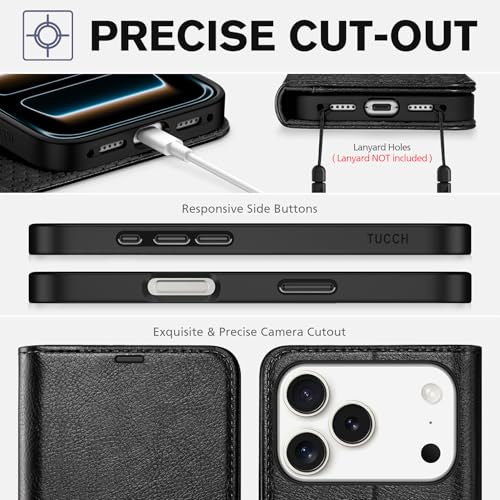 TUCCH Case Wallet for iPhone 17 Pro, RFID Blocking Folio, Textured Black | 4 Card Holders, Kickstand, PU Leather, Magnetic Closure, Shockproof TPU Shell, Protective Flip Cover - color: Textured Black