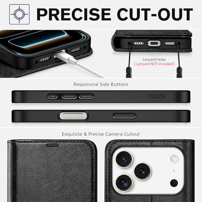 TUCCH Case Wallet for iPhone 17 Pro, RFID Blocking Folio, Textured Black | 4 Card Holders, Kickstand, PU Leather, Magnetic Closure, Shockproof TPU Shell, Protective Flip Cover - color: Textured Black