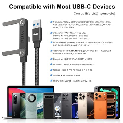 65W USB A to USB C Cable with Foldable Stand,5FT Sideways Invisible Charging Cord,90 Degree Right Angle Braided Gaming Fast Charger Cable Compatible with iPhone 17 16 15 ,MacBook,iPad,Galaxy S26 S25