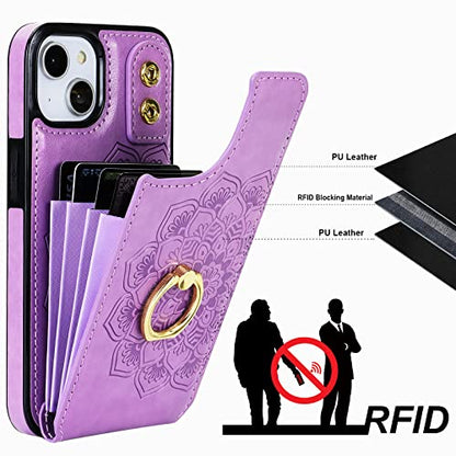 HAOPINSH for iPhone 13/ iPhone 14 Wallet Case with Card Holder, 360°Rotation Ring Kickstand, Purple Mandala Pattern, RFID Blocking Leather for Girls Women, Double Buttons Flip Cover 6.1" - color: Purple Mandala