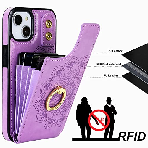 HAOPINSH for iPhone 13/ iPhone 14 Wallet Case with Card Holder, 360°Rotation Ring Kickstand, Purple Mandala Pattern, RFID Blocking Leather for Girls Women, Double Buttons Flip Cover 6.1" - color: Purple Mandala