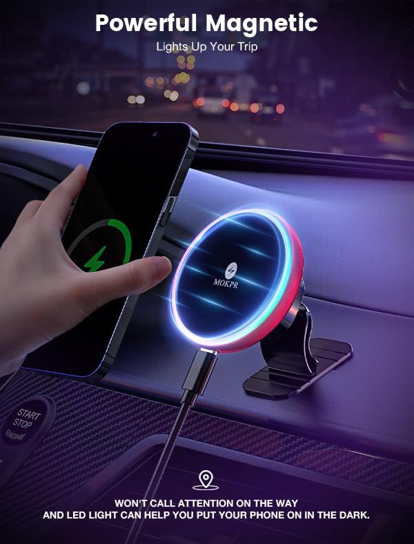 for Magsafe Car Mount Charger 15W LED RGB Car Phone Holder for Dash Vent - color: Red