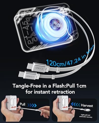 65W for MacBook Pro Charger,5-in-1 Retractable Wall Charger Plug for iPhone - color: White