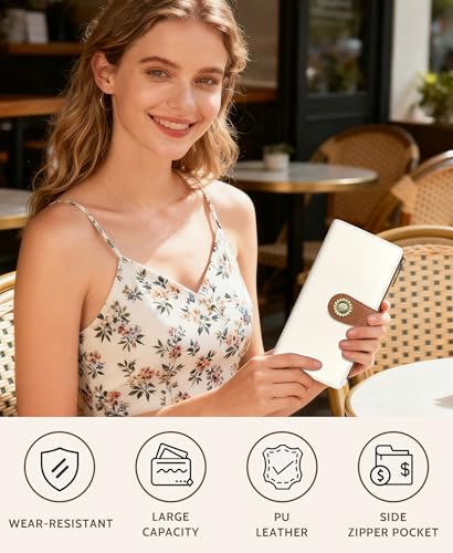 GIANCOMICS White Caramel Womens Wallet RFID, Long Credit Card Holder Bifold | Billfold, Cute Cash Purse, Travel Zipper Coin Pocket, Compact Clutch, PU Leather, ID Window, 11 Card Slots, Ladies Gift Woman - color: A Beige and Pumpkin