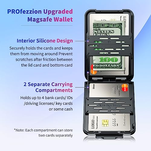 PROfezzion Double Side Magnetic Phone Card Holder Wallet for MagSafe, Black | Black, RFID Blocking, Compatible with iPhone 17 16 15 14 13 12 Pro Max, Holds 4-Cards, Secure Snap Latch, Adjustable Stand - color: BLACK
