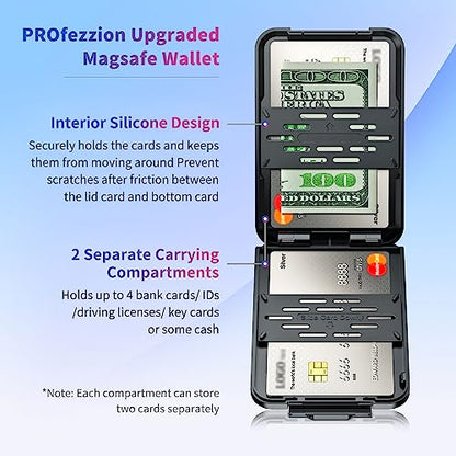 PROfezzion Double Side Magnetic Phone Card Holder Wallet for MagSafe, Black | Black, RFID Blocking, Compatible with iPhone 17 16 15 14 13 12 Pro Max, Holds 4-Cards, Secure Snap Latch, Adjustable Stand - color: BLACK