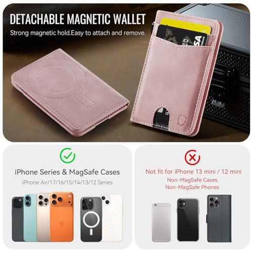 Strapurs Strong Magnetic Wallet Card Holder for MagSafe Phones and Cases, Slim PU Leather Detachable Phone Wallet with 6 Card Slots RFID Blocking for iPhone 17/16/15/14/13/12/Pro/Max/Plus – Pink - color: Pink