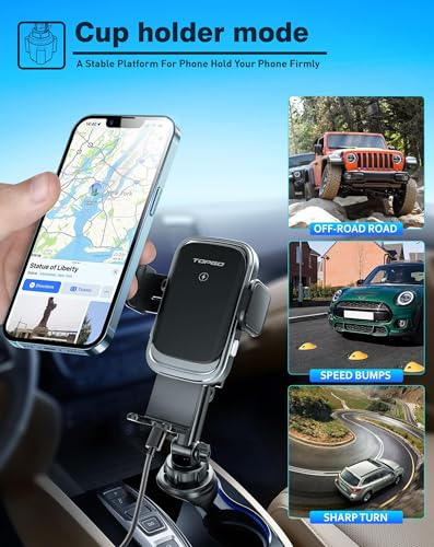 [Upgraded] TOPGO Cup Phone Mount Wireless Charger,Universal Cell Phone Holder Car Charger Wireless-Charger-Cup-Phone-Holder Fast Charging for iPhone16/16 Pro/16 Pro Max, Samsung Galaxy - Black