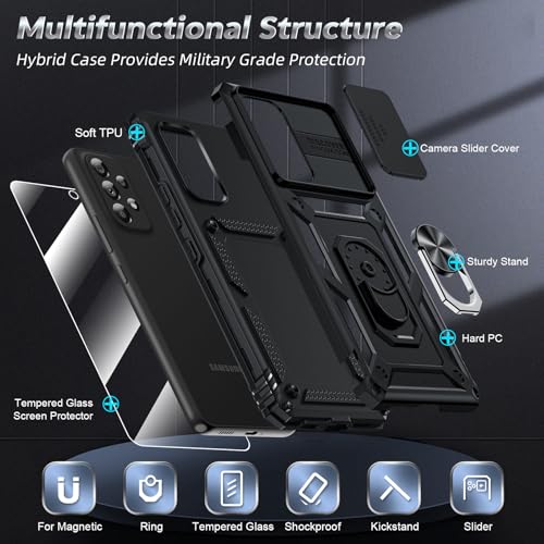 LeYi for Samsung Galaxy A53-5G Phone Case: with Slide Camera Cover | Military-Grade Heavy Duty Cell Android Cover Magnetic Ring Holder Stand para A 53, Black - color: TC Black, size: A53 5G 6.5inch