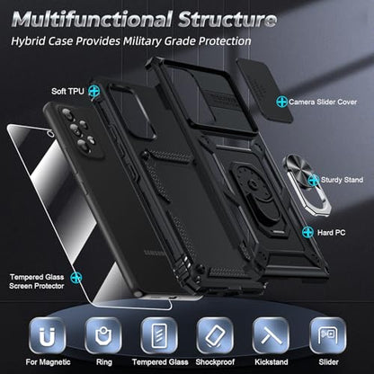 LeYi for Samsung Galaxy A53-5G Phone Case: with Slide Camera Cover | Military-Grade Heavy Duty Cell Android Cover Magnetic Ring Holder Stand para A 53, Black - color: TC Black, size: A53 5G 6.5inch
