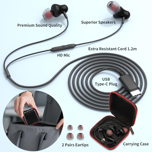 ACANDYA USB C Headphones with Mic in-Ear Wired Earbuds for Work Calls Black