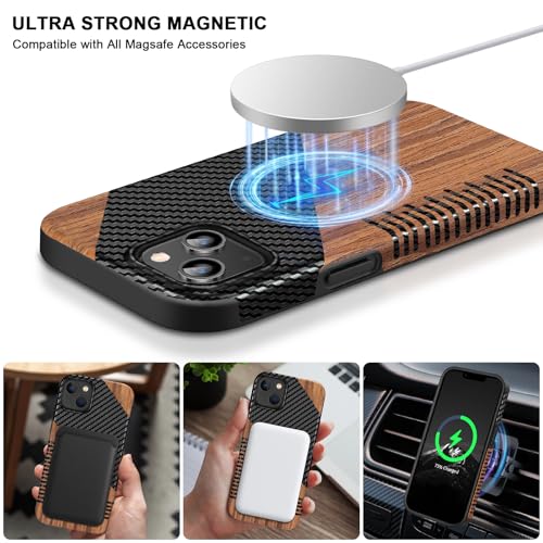 TENDLIN Magnetic Case Compatible with iPhone 14 Plus Case Wood Grain with Carbon Fiber Texture Design Leather Hybrid Slim Cover (Compatible with MagSafe) Twill - color: Magnetic Twill, size: iPhone 14 Plus